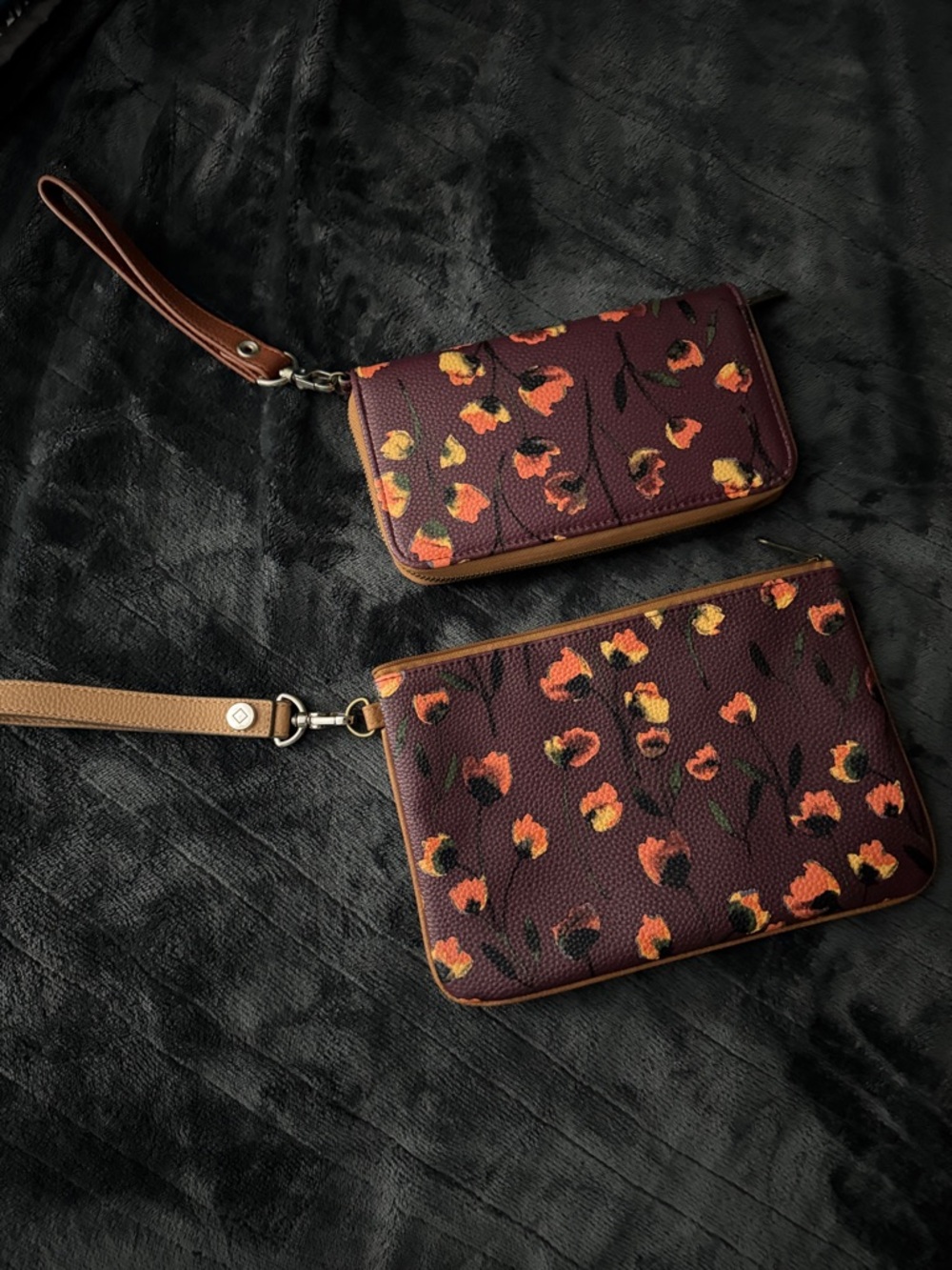Floral Burgundy Wristlet Set with Tan Trim